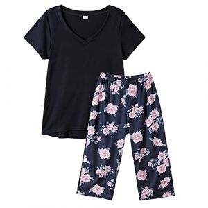 MyFav Pyjama Femme Ete Ensemble de Pyjama Doux Manches Courtes 3/4 Pantalon Vêtements d'Intérieur Femme,Bleu Marin,S (Light Year Store, neuf)