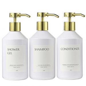 Janxin 3 Pi&egrave;ces Distributeur Savon 500ML, Distributeur shampoing et Gel Douche, Flacon Pompe vid, Distributeur Savon Douche, Convient pour la Cuisine, la Salle de Bain(Bouteille Blanche + t&ecirc;te dor&eacute;e) (Janxin, neuf)