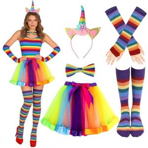 Moiuguli Tutu Arc-en-Ciel Femme D&eacute;guisement, avec T&ecirc;te Licorne Color&eacute;es, Jupe Tutu Arc-En-Ciel, Gants, Chaussettes, pour Festivals F&ecirc;tes Carnavals Halloween Costumes (Nepear, neuf)