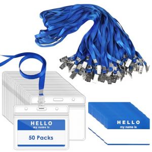 Gimars 50 Pcs Porte Badge Bleu Horizontal 10x8cm en PVC Transparent avec Lani&egrave;re 45cm et &Eacute;tiquettes, Parfait pour les Cartes d'Identit&eacute;, Cartes de Cr&eacute;dit, Carte d'Acc&egrave;s, d&rsquo;&Eacute;tudiantes et de Transport (Gimars Direct, neuf)