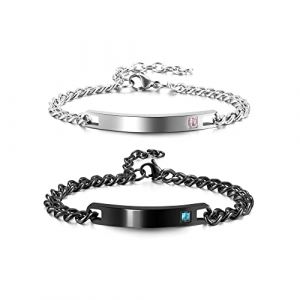 PiercingJak 2PCS Bracelets Couple Amoureux Gourmette Personnalis&eacute; Grav&eacute; Je t'aime Acier Inoxydable Cha&icirc;nes de Main Lien Poignet Cadeau Amour La Saint-Valentin Femme Homme (Gravure-Noir et Argent) (KKCAT, neuf)