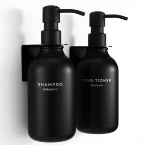 MaisoNovo Distributeur de shampoing et d'apr&egrave;s-shampoing - Distributeur Mural de Savon pour la Douche - Lot de 2 Bouteilles en Plastique Noir de 500 ML Pompes Noires - 2 Chambres sans per&ccedil;age (Maisonovo, neuf)