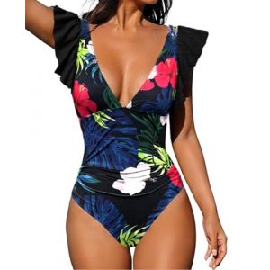 Femme Maillot de Bain 1 pièce Costume de Natation à col en V Contrôle Ventre Bikini Monokini à Volants Amincissant Push Up Monokini(Feuilles,M) (RSSAA, neuf)
