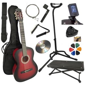 AMROVA Pack Guitare Classique 3/4 Enfant pour Gaucher (9 à 12 ans) Support Guitare + Repose Pied + 9 Accessoires Cour Vidéo et CD (Rouge) (Amrova FR, neuf)