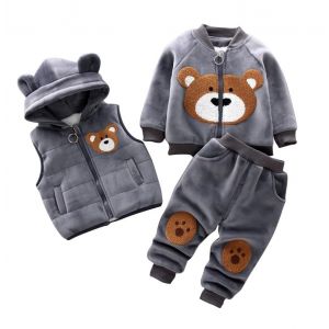 Tenue chaude pour tout-petits enfants &agrave; capuche sans manches gilet costume b&eacute;b&eacute; hiver trois pi&egrave;ces tenues enfant &agrave; manches longues sweat pantalon ensembles b&eacute;b&eacute;s dessin anim&eacute; ours v&ecirc;tements 0-4 ans (Odziezet, neuf)