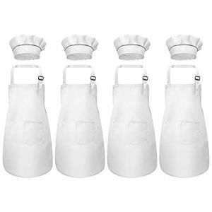Fodlon Tablier Cuisine Enfant, Blanc Tablier Enfant et Chapeau de Chef Set pour Cuisson Peinture l'artisanat, R&eacute;glables Bambin Tablier avec 2 Poches pour Filles Gar&ccedil;ons 6-13 Ans (4 Sets) (tprosperou, neuf)