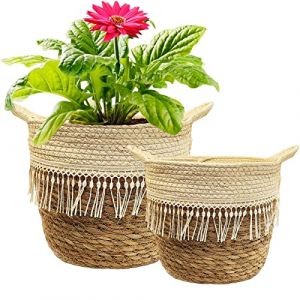 KMERCE 2 Grands Caches Pot en Osier, Panier &agrave; Plantes d'int&eacute;rieur, Pot de Fleurs Jardin decoratif en Seagrass avec Doublure Plastique &Eacute;tanche et Poign&eacute;es, Panier de Rangement, diam&egrave;tre 20cm et 25cm (Slton, neuf)