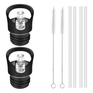 LIULINY Lot de 2 Bouchons de Paille pour Bouteille D'eau, Bouchon Gourde avec 4 Pailles Transparentes, Bouchon de Rechange Gourde avec 2 Brosses de Nettoyage, pour Sport, Voyage, Camping (LIULINK, neuf)