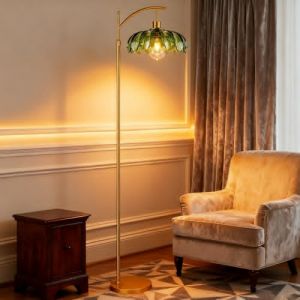 KlkrzJwy Lampadaire En Verre Nordic Flower Lampadaire Dor&eacute; R&eacute;glable En Hauteur Lampe Sur Pied En Fer Avec E27 Dimmable Lampe Haute En Verre Vert Pour Salon Chambre Bureau Salle &Agrave; Manger (KlkrzJwy FR Factory Lighting, neuf)