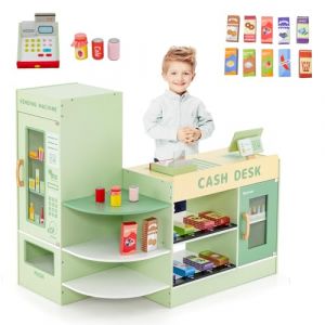 COSTWAY Épicerie Enfants en Bois avec 13 Accessoires & Distributeur Automatique, Marchande Enfants avec Caisse Enregistreuse Réaliste & 5 Étagères, Jeu d’Imitation pour Enfants de 3-8 Ans (FDS GmbH, neuf)