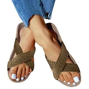 Dasongff Tong Plates Simple Jaune en Paille Femme Été Bande Croisée Sandales Corde Femme Été Nu Pied Femmes Plage Piscine Élégant Espadrilles Tong Sandale Ado Fille Bout Ouvert Slip-on Mode (ELECTRI, neuf)