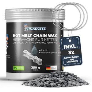 OH3 Fitgadgets Cire chauffante pour cha&icirc;ne de v&eacute;lo dans une bo&icirc;te de cire chaude &ndash; Avec 3 supports de cha&icirc;ne &ndash; 350 g de cire Hot Melt Chain avec graphite et sulfure de tungst&egrave;ne &ndash; Lubrifiant de cire (OH3-Handel, neuf)