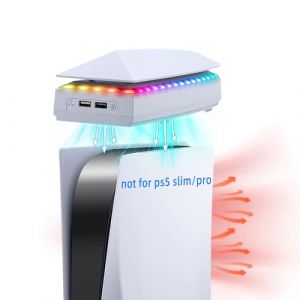 Mcbazel Station de Refroidissement pour PS5 Réglable à 3 Vitesses RGB Ventilateur de Refroidissement Housse Anti-Poussière avec Ports USB 2.0 pour pour PS5 Disc/Digital Edition(Pas pour PS5 Slim/Pro) (TransChased, neuf)