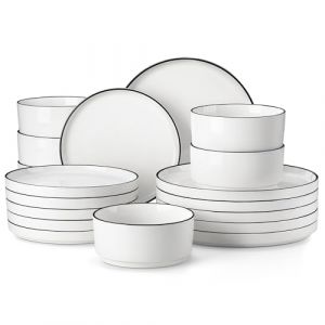 MALACASA, Série LEAH, Service de Table 18 Pièces en Porcelaine pour 6 Personnes avec Assiette Plate, Assiette à Dessert, Bol à Céréale | Empilabe et Passe au Lave-vaisselle | Blanc avec Bordure Noir (MALACASA Online Store, neuf)