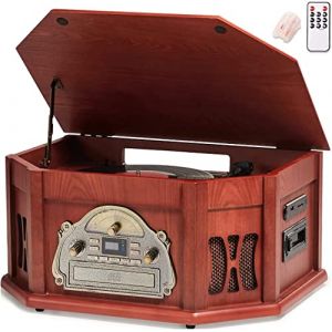 ORCC Tourne-Disque 10 en 1, Tourne-Disque nostalgique pour Disque Vinyle avec Bluetooth, 2 Haut-parleurs intégrés, CD, Cassette, Radio AM/FM, USB, Fente SD, télécommande, TT-168-REC (EUoutdoor, neuf)