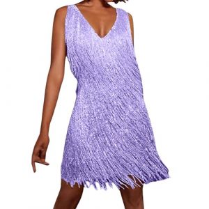 G&eacute;n&eacute;rique 2025 Robe Disco sans Manches en Plumes &agrave; Sequins &agrave; Franges de Couleur Unie pour Femmes Robe de Femme Robe Sequins Paillettes Bretelles Spaghetti Robe a Frange Cocktail Robe de Soir&eacute;e (qieycgd, neuf)