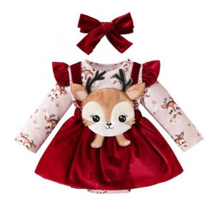 Générique Pyjama Noël Bebe Ensemble Robe de Noël Bébé Fille Enfant Déguisement Noël Tenue 2Pcs Robe Rouge Manches Longues en Fourrure Bandeau Costume de Fête Vetements pour Bebe Fille (MOKKY, neuf)