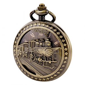 TREEWETO Montre &agrave; Gousset pour Homme Montre Squelette m&eacute;canique, bo&icirc;tier en Bronze - Style Antique - chiffrres Romains - Gravure 3D Locomotive &agrave; Vapeur (TREEWETO DIRECT FR, neuf)