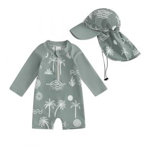 XIXIMAON Maillot de Bain B&eacute;b&eacute; Gar&ccedil;on Anti-UV Combinaison Natation Manches Longues et Chapeau de Bain Ensemble Piscine Plage Plong&eacute;e Surf (Vert Motif, 2-3 Years) (qiyuesheng, neuf)
