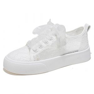Baskets pour Femme L&eacute;g&egrave;res Chaussures de Mariage Baskets Plates pour Mari&eacute;e Chaussures Femme en Lacet Dentelle et Maille Confortables pour Marche Casual Respirant Confort Sneaker (blanc, 40) (QingHUImao, neuf)