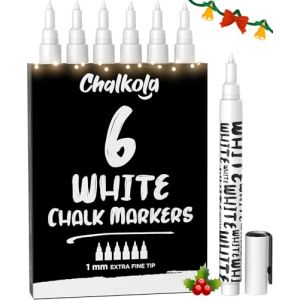Chalkola Chalk Marqueurs Blanc | Lot de 6, Pointe Extra-Fine 1mm | Liquide Stylo Craie Pour Tableau Noir Effacable | Feutre Craie pour Fenetre, Bistro, Vitre de Voiture, Tableau, Enseignes (WizMops, neuf)