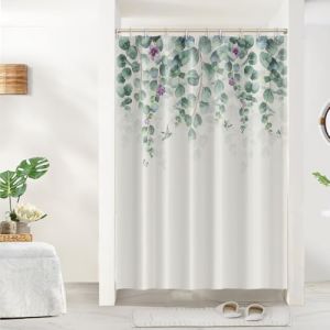 Rideau Douche Anti Moisissure, Uiiooazy Rideau de Douche 150x180cm Feuilles Vert Eucalyptus Fleur Violet Rideaux de Baignoire Tissu Lavable Imperm&eacute;able Polyester Rideaux Salle de Bain avec 10 Crochets (dongguibinjingpinxiaodianpu, neuf)