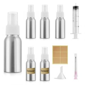 Furuising Lot de 5 Flacon Spray Vide en Aluminium, 30ml Fine Bouteille Spray Vide, Petit Refillable Flacon Vaporisateur Vide avec 20ml Seringue, Entonnoir pour Cosmétique Parfums Lotions (Furuising, neuf)