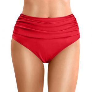 Bas Maillot De Bain Taille Haute pour Femme Bikini Taille Haute Ruched Bikini Slips Couleur Unie Triangle Short de Bain Amincissant Gainant Ventre Plat Bas Bikini de Plage (01 Rouge, M) (Minenany, neuf)
