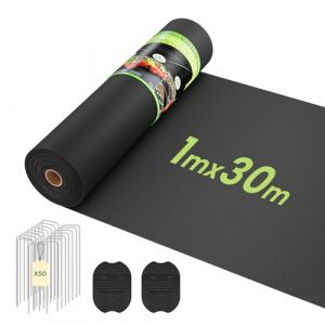 OUNUO Toile de Paillage 1mx30m avec 50 Piquets, G&eacute;otextile Non Tiss&eacute; 100 g/m&sup2;, Anti-Mauvaises Herbes Tissu, Perm&eacute;able &agrave; l'eau, R&eacute;siste Rayons UV, R&eacute;sistant, Noir (KIDSFunShop, neuf)