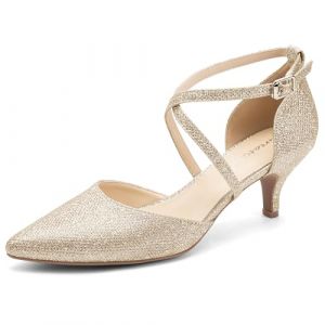 Greatonu Femmes Chaton Talons Chaussures De Mariage Dames Cheville Sangle Boucle Croix Pointu Toe Sandale Gold Glitter EU 36 (Maggie Shoes, neuf)