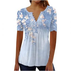 Chemisier Femme Chic et Élégant Manches Courtes Tshirt Chemisiers Et Blouses Grande Taille Imprimé Plissé Henley Tunique Tops Col V Blouse de Soie Boheme Haut Tunique Été Tee Shirt Femmes Solde (⭐⭐⭐⭐⭐AEGJEGVD(5-15 jours Arrivé), neuf)