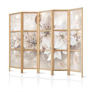 murando - Paravent Int&eacute;rieur Japonais 225x172 cm - S&eacute;parateur de Pi&egrave;ce en Bois Naturel et Toile Imprim&eacute;e - Paravent Oriental Portable et Pliable - Lys Blanc avec Fleurs D&eacute;licates b-A-0285-bh-c (murando, neuf)