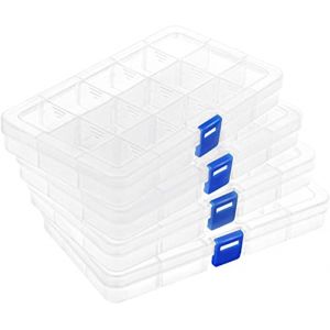DIFIT Boite Rangement Plastique, Boite de Rangement Plastique avec S&eacute;parateurs R&eacute;glables 15 Compartiments, Boite Rangement Perles pour Artisanat, Perles etc, Boite Compartiment 15-girds, lot de 4 (DuofutangUK, neuf)