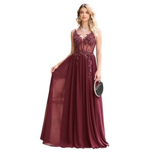 Misshow Robe Terracotta Cocktail Longue Robe de Cérémonie Femme Formelle en Perles Cristaux à Paillettes pour Ado Fille Chiffon Bordeaux 40 (Miss Show, neuf)