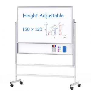 maxtek Tableau Blanc Mobile Réglable en Hauteur 150×120 cm, Tableau Blanc Effacable Magnétique avec 2 Panneaux Double Face 120×75cm, Whiteboard sur Roulettes Cadre en Aluminium (maxtek-FR, neuf)