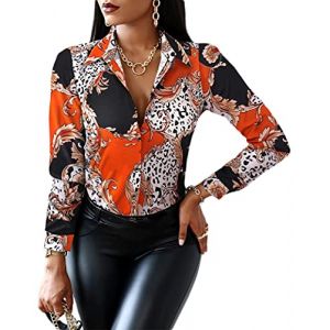 Onsoyours Chemisier Femme Manches Longues Shirt Patchwork Chemise Classique Chic Boutonn&eacute; Col en V Blouse Tunique Hauts Orange 1 XXL (Zeigood Mode, neuf)