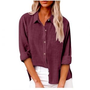 RLEHJN Chemise Femme Tee Shirt Manche Longue Coton et Lin Blouse Travail Femme Grande Taille Chemise Revers Manche Longuet Shirt Couleur Pure Loisirs Tops de Mode Soldes Femme Pas Cher Cadeau Femme (⭐⭐⭐⭐⭐RLEHJN, neuf)