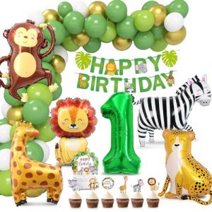 Décoration Anniversaire 1 An Animaux de la Jungle - Ballons Verts et Or, Safari Forêt pour Fille - Décoration Gâteau Incluse (JGEU, neuf)