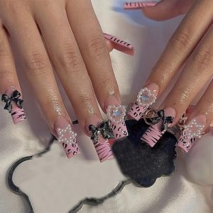 Faux ongles, ongles à presser Faux ongles longs en forme de cercueil avec colle, faux ongles marron portables avec strass, presse de Ballet, couverture complète(32) (zhangtingamz, neuf)