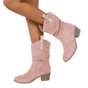 Bottes de cowboy pour femmes - Bottes western en daim - Bottines &eacute;l&eacute;gantes pour femmes - Bottes &agrave; talon bloc - Bottes de moto - Bottes sans lacets - Bottes d'hiver - Bottes d'&eacute;quitation - Bottes de (JINGHEBAIHUO, neuf)