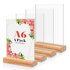 Lot de 4 Porte Affiche en Acrylique A6, Base en Bois T Forme Support Double Face Transparent, Cadre Photo en Plastique, Affichage de Menu Presentoir pour R&eacute;ception, Bureau, Magasin, Restaurant, H&ocirc;tel (DACORNE INDUSTRIE, neuf)