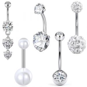 JYNXOR 5 Pcs Piercing nombril Acier Chirurgical Argent, 14G 8mm 10mm Court piercing nombril en acier inoxydable pour femmes CZ perle anneaux ventre cœur piercing nombril bijoux (SHOPSCAPE INK, neuf)