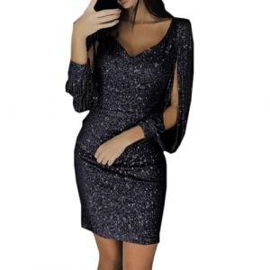 Robe Femme Chic Et Elegant De Soiree Soir&eacute;e Longue Deguisement Annee 20 Fete Cocktail Noel Elegante Tenue Charleston F&ecirc;te Pailette Paillettes Noire Manche Sequin V&ecirc;tements Sexy Vintage Paillette Noir (Jibian, neuf)