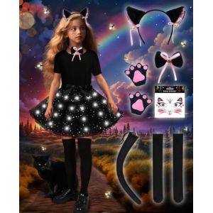 Costume de Chat Noir pour Filles - Ensemble D&eacute;guisement avec Jupe Tutu LED, Oreilles, Queue, Stickers pour le Visage - D&eacute;guisement Animal Enfant pour No&euml;l Carnaval Cosplay (GAB GELH, neuf)