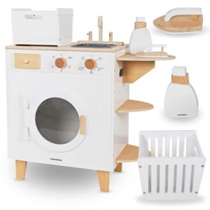 Mamabrum Machine à Laver en Bois pour Enfants 3+ - Ensemble Fer à Repasser, Panier à Linge et Planche - Jouet Éducatif avec Sons et Boutons (65 x 29,5 x 68 cm) (HyperMotion, neuf)