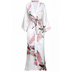 BABEYOND Robe de chambre très longue en satin pour femme, kimono d’été à motif floral, long peignoir kimono imprimé, pour soirée pyjama entre filles, Blanc., taille unique (BABEYOND  FR, neuf)