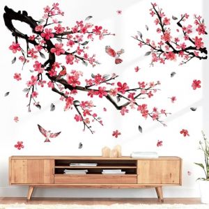wondever Stickers Muraux Fleurs de Cerisier Prune Autocollant Muraux Mural Stickers Branche de Floral Rouge Oiseaux pour Chambre Salon Bureau Mur TV (Wondever EU, neuf)
