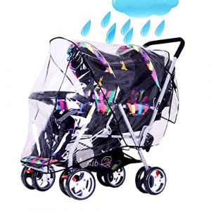 Housse de pluie pour poussette avant et arrière double tandem en PVC transparent imperméable universel pour poussette, landau, poussette avec auvent… (CYAN-Dirict, neuf)