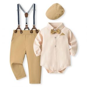 Volunboy Bebe Gar&ccedil;on Costume Gentleman, Noeud Papillon Chemise Carreaux + Pantalon 4 Pi&egrave;ces(9-12 mois,Taille 73,Kaki) (Volunboy, neuf)