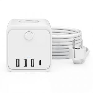 Cube Multiprise USB 3 Prises avec 3 Ports USB USB-C Chargeur de Rapide 16A Bloc Multiprises avec Interrupteur Cable 3m pour Cuisine Bureau Tablette Rallonge Électrique Multiprise (Warm Fang Sarl, neuf)